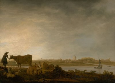 Vue de Vianen avec un berger et du bétail près d