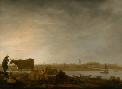 Vue de Vianen avec un berger et du bétail près d