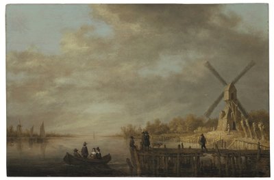 Un paysage fluvial avec un moulin à vent et des gentilshommes dans une barque et sur un quai au premier plan - Aelbert Cuyp