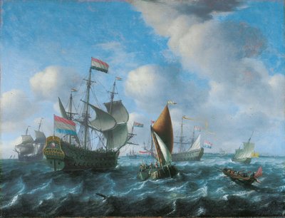 Un vaisseau de guerre, possiblement Het Wapen van Utrecht, un wijdschip et un spiegelsloep par vent fort, 1671 - Aernout Smit