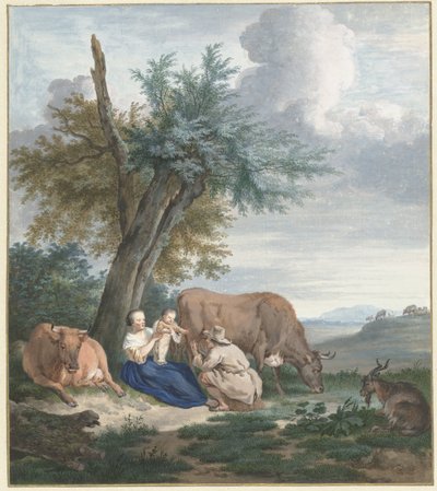 Paysanne et paysan avec enfant dans un paysage avec du bétail - Aert Schouman