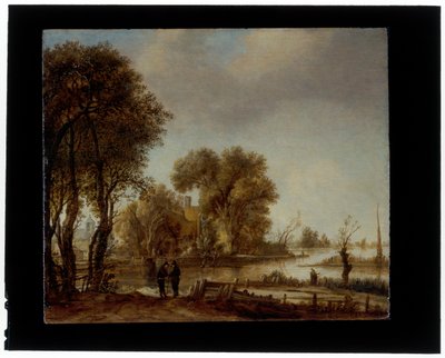 Paysage fluvial avec des hommes conversant sur un chemin - Aert van der Neer