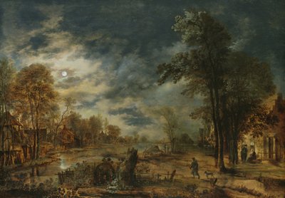Paysage au clair de lune avec un village - Aert van der Neer