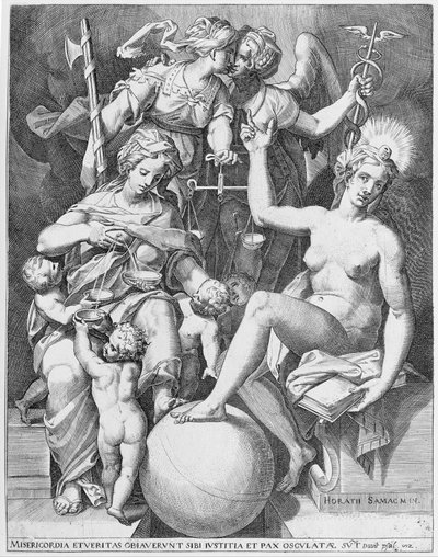 Allégorie du Psaume de David, Miséricorde assise à gauche nourrissant quatre enfants, 1579 - After Agostino Carracci.