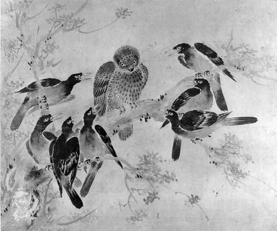 Oiseaux mynah attaquant une chouette, probablement XIXe siècle - after Sesson Shūkei