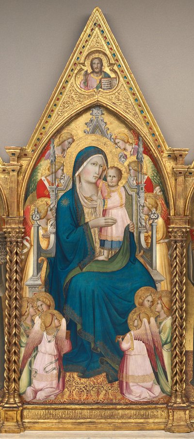 Madone et enfant en trône avec douze anges, et avec le Christ bénissant (panneau central) - Agnolo Gaddi