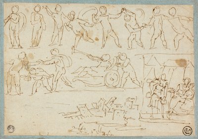 Frise de putti, croquis de Lot et ses filles, croquis de bâtiments - Agostino Carracci