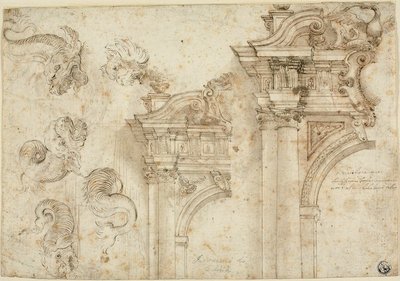 Feuille de croquis : monstres marins et portails élaborés (recto) ; croquis de détails architecturaux (verso) - Agostino Mitelli