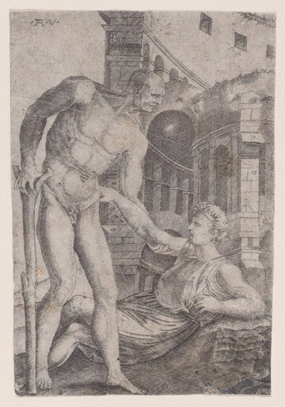 Un homme aidant un autre à se relever, vers 1514-36 - Agostino Veneziano
