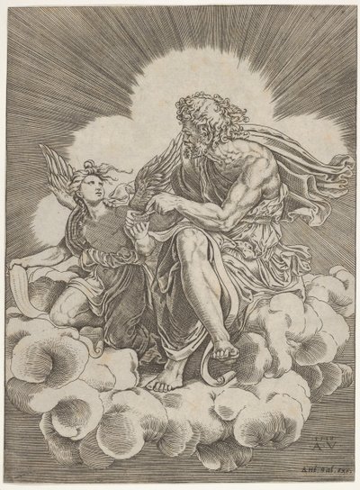 Saint Matthieu, assis sur un nuage et trempant une plume dans un encrier tenu par un ange..., vers 1518-20 - Agostino Veneziano