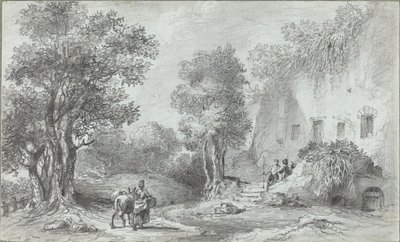 Paysage avec des paysans devant une auberge - Aignan Thomas Desfriches