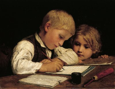 Un garçon écrivant; Schreibender Knabe Mit Schwesterchen - Albert Anker