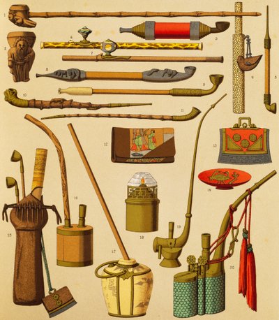 Pipe et objets utilisés par les fumeurs, lithographie par Schmidt de L