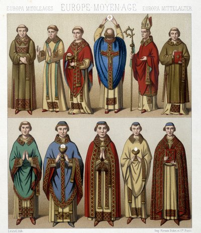 Costumes religieux en Europe au Moyen Âge. Illustration dans « Le costume historique » par Racinet - Albert Charles August Racinet