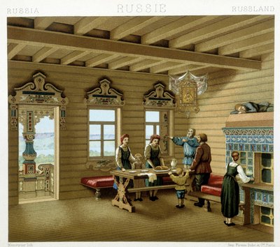 Famille russe dans une résidence typique en Russie au 19e siècle. Planche chromolithographique - dans « Le costume historique » par Racinet - Albert Charles August Racinet