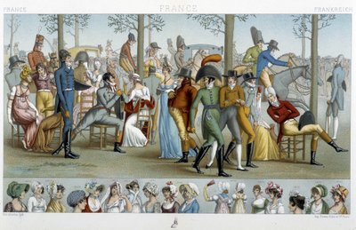 Les bourgeois marchant vers Longchamp, début 19e siècle - dans « Le costume historique » par Racinet - Albert Charles August Racinet
