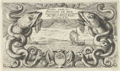 Vue de mer avec bordure de créatures marines et un filet de pêche (Poissons de mer) - Albert Flamen