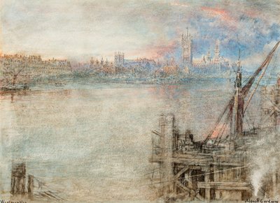 Westminster avec les Chambres du Parlement au coucher du soleil (plume  encre noire  aquarelle avec grattage sur papier) - Albert Goodwin