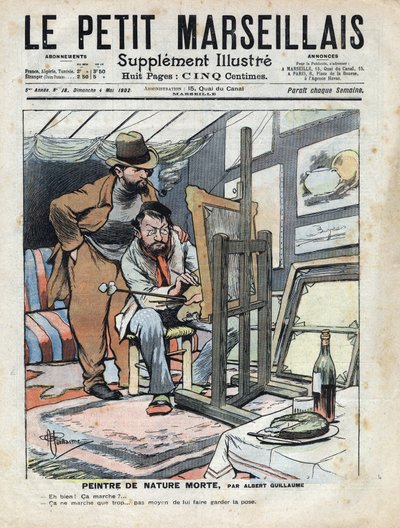 Un peintre dans un grenier peignant des natures mortes, la bouteille de vin et le gâteau utilisés comme modèle ne tiennent pas en place. Illustration d
