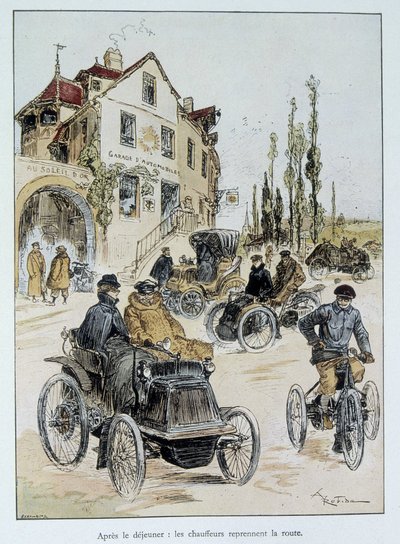 Après le petit-déjeuner, les conducteurs reprennent la route : le début du transport motorisé par Robida - Albert Robida