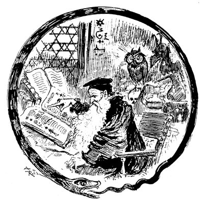 Alchimiste consultant ses grimoires (formules magiques - cabalistiques) sous les yeux d