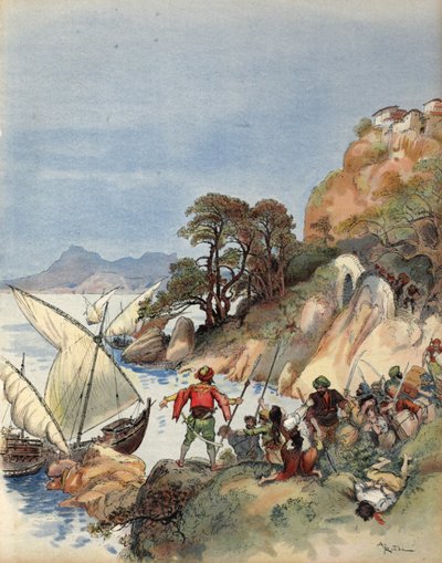 Pirates barbaresques terrorisant la côte méditerranéenne, kidnappant les habitants pour les vendre comme esclaves, illustration de 