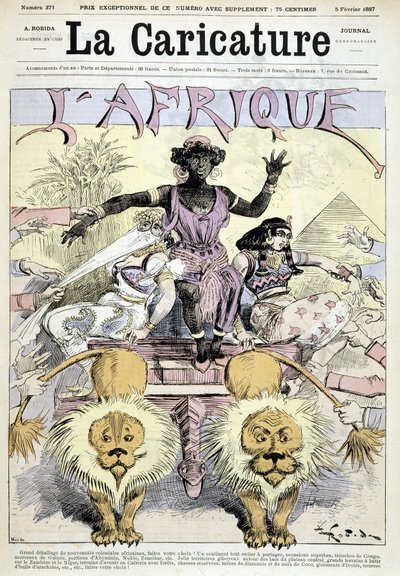 Caricature sur le colonialisme en Afrique « Grand déballage des nouveautés coloniales africaines, faites votre choix ! Un continent entier à partager, grandes occasions, tranches de Congo, morceaux de Guinée » par Robida - dans « La Caricature » du 05/02/1 - Albert Robida