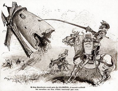 Don Quichotte pour une publicité pour le Globeol fortifiant, vers 1916 (illustration) - Albert Robida