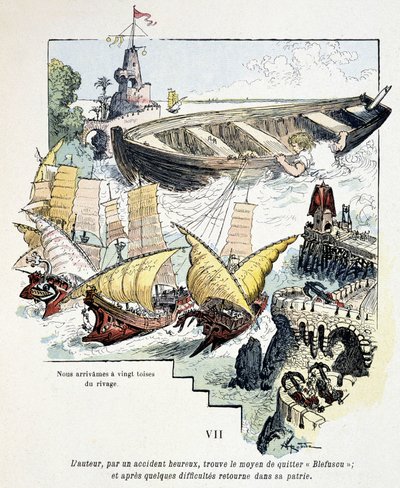 Gulliver et son gigantesque bateau dans le port des Lilliputiens - dans « Voyages de Gulliver » par Jonathan Swift (1721), ill. par Robida - Albert Robida