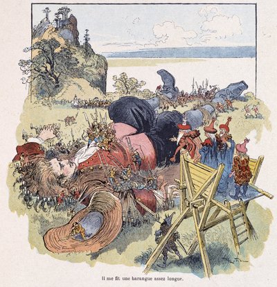 Gulliver attaché par les Lilliputiens - dans « Voyages de Gulliver » par Swift, ill. par Robida - Albert Robida