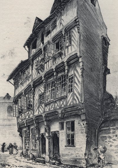 Maison rue Saint Guillaume à Rennes - Vieille France - Bretagne - texte, dessins et lithographies, par Albert Robida (1848-1926) fin du XIXe siècle - Albert Robida