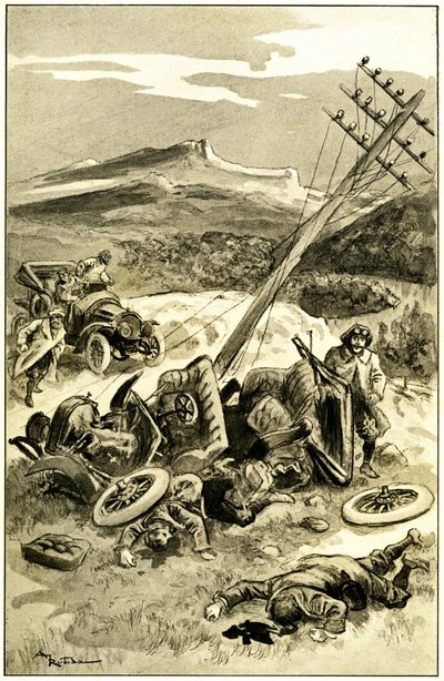 Illustration par Albert Robida (1848-1926) pour le livre de Léon Berthault « Le record du tour du monde », édition Mame début XXe siècle (1911) - un accident de la circulation vers 1900 : voiture ayant heurté un poteau de ligne télégraphique. Les passagers - Albert Robida