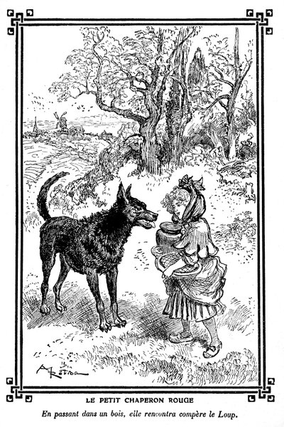 Le Petit Chaperon Rouge, avec son gâteau et son pot de beurre, rencontre le Loup. Dessin par Albert Robida (1848-1926) dans un livre de lectures pour enfants 1920-1930 - Albert Robida