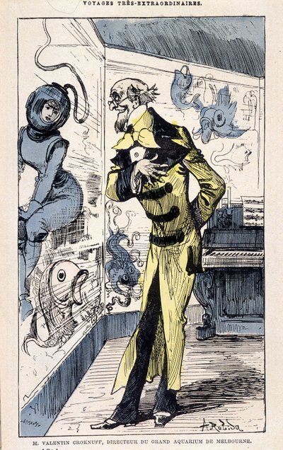 M. Valentin Croknuff, directeur du grand aquarium de Melbourne, parodie de Jules Verne, « Voyages très extraordinaires de Saturnin Farandoul dans 5 ou 6 parties du monde et dans tous les pays connus ou inconnus de M. Jules Verne » par Robida, Paris - Albert Robida