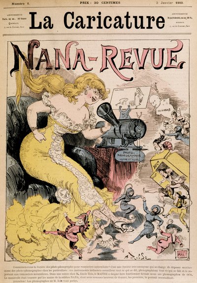 Nana-Revue : caricature sur Zola et son œuvre "Nana" par Robida - dans "La Caricature" du 03/01/1880 - Albert Robida