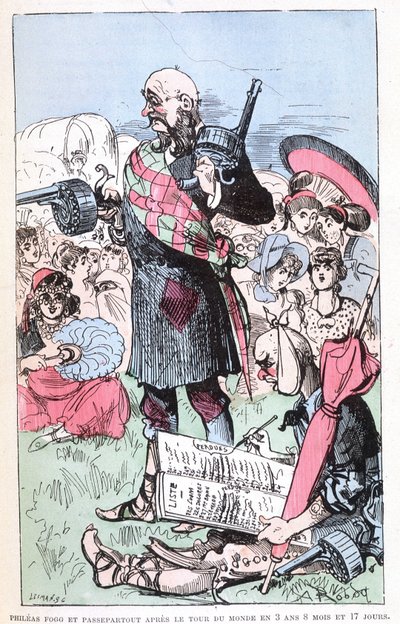 Philéas Fogg et Passepartout après le tour du monde en 3 ans 8 mois et 17 jours, parodie de Jules Verne, « Voyages très extraordinaires de Saturnin Farandoul dans 5 ou 6 parties du monde et dans tous les pays connus ou inconnus de M. Jules Verne » - Albert Robida