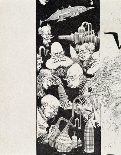 Sept scientifiques avec leur invention. Dans « La guerre au XXe siècle » par A. Robida - Albert Robida