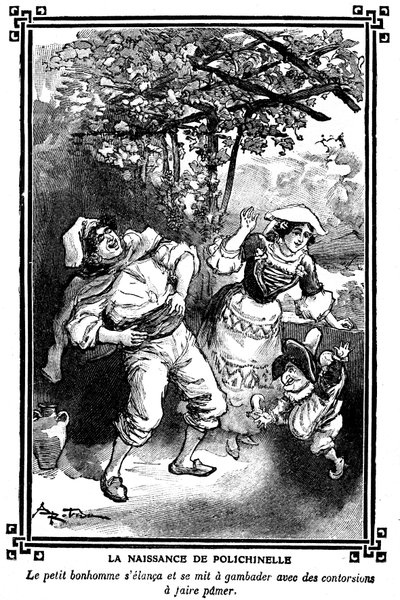 La naissance de Polichinelle. Dessin par Albert Robida (1848-1926) dans un livre de lectures pour enfants 1920-1930 - Albert Robida