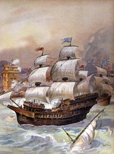 La flotte de Jean Ango bloque le Tage et menace Lisbonne, c.1909 (illustration) - Albert Robida