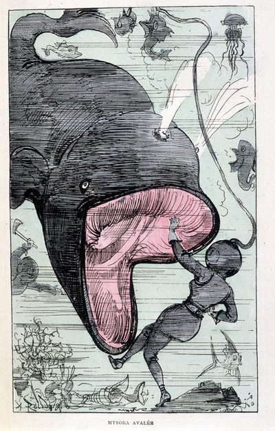 Femme dans un scaphandre avalée par une baleine, parodie de Jules Verne, "Voyages très extraordinaires de Saturnin Farandoul dans 5 ou 6 parties du monde et dans tous les pays connus ou inconnus de M. Jules Verne" par Robida, Paris - Albert Robida