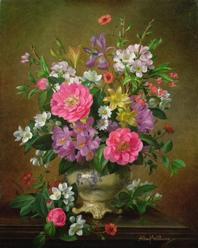 Fleurs, iris et pivoines dans un vase en céramique - Albert Williams