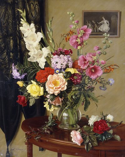 Nature morte avec des glaïeuls, des roses et des roses trémières devant un rideau brodé - Albert Williams