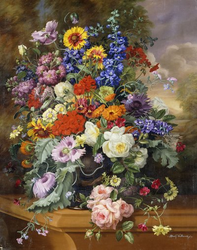 Nature morte avec roses, delphiniums, coquelicots et soucis sur un rebord - Albert Williams