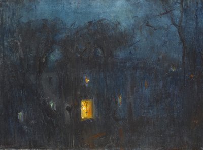 Maison la nuit avec une seule fenêtre éclairée - Albert de Belleroche