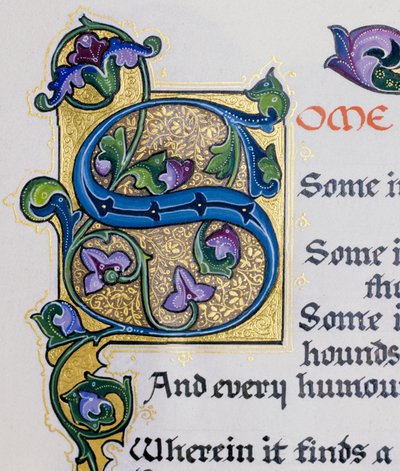 Photographie de détail calligraphique de la lettre S sur une page illuminée d