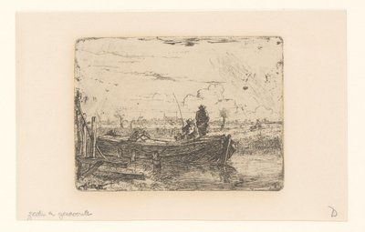 Paysage de polder avec deux hommes sur un bateau - Albertus Brondgeest