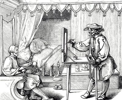 Gravure sur bois représentant un artiste utilisant une aide au dessin pour obtenir les proportions correctes d