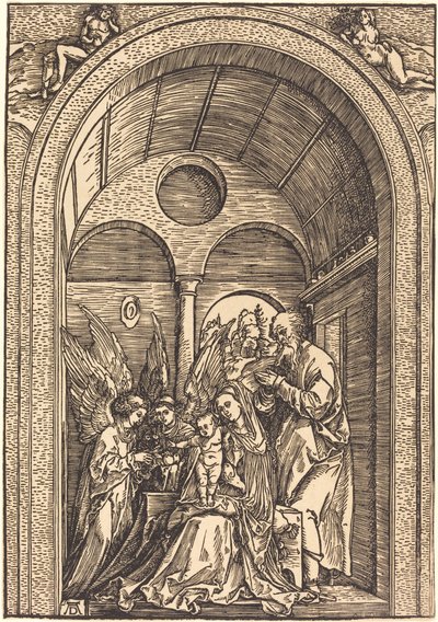 La Sainte Famille avec deux anges dans une salle voûtée - Albrecht Dürer