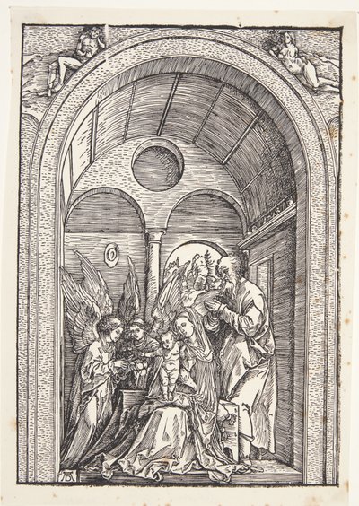 La Sainte Famille avec deux anges dans une salle voûtée - Albrecht Dürer