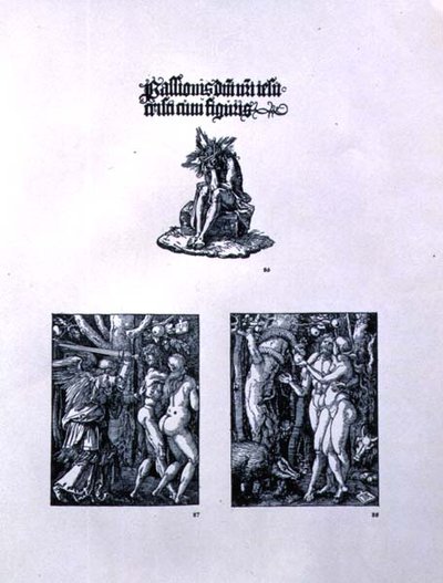 Trois pages de la série Petite Passion : (haut) page de titre avec Christ en homme de douleurs et une inscription latine ; (gauche) L